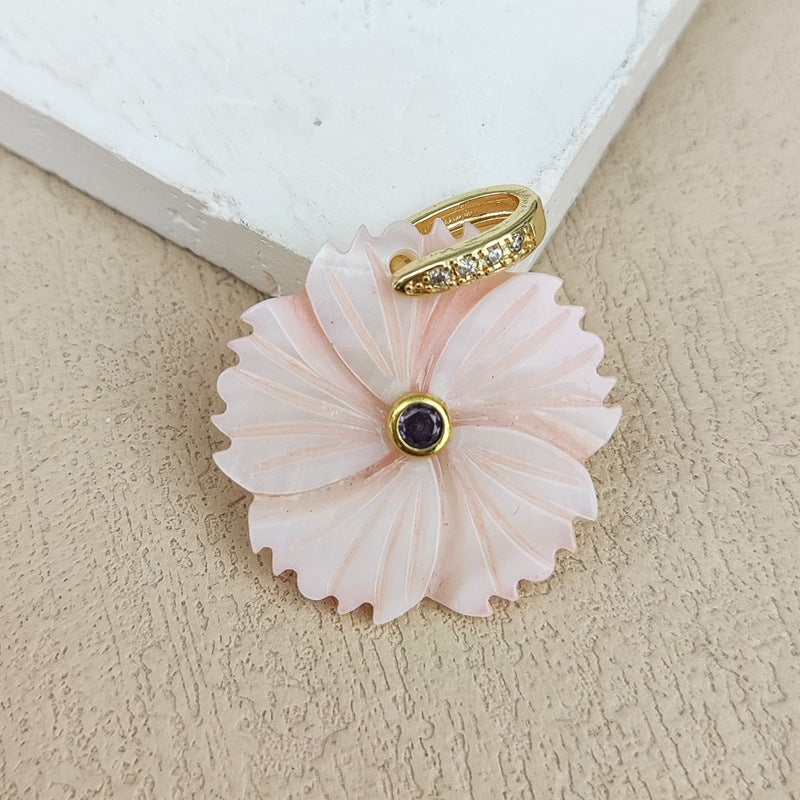 Carved Shell Pendant Featuring Natural Pink Flowers Inlay, Elegant Jewelry Making Design