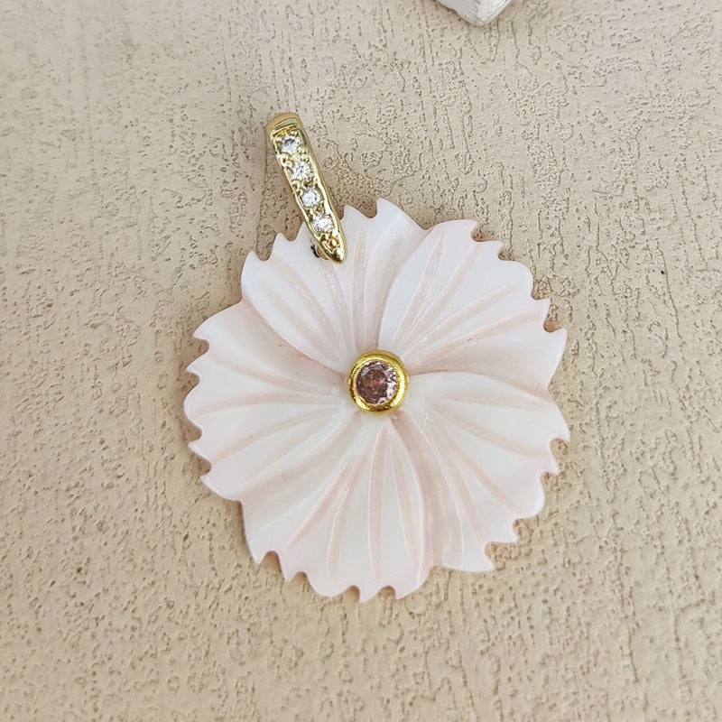Carved Shell Pendant Featuring Natural Pink Flowers Inlay, Elegant Jewelry Making Design