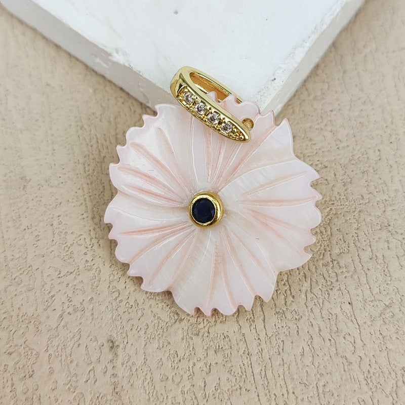 Carved Shell Pendant Featuring Natural Pink Flowers Inlay, Elegant Jewelry Making Design