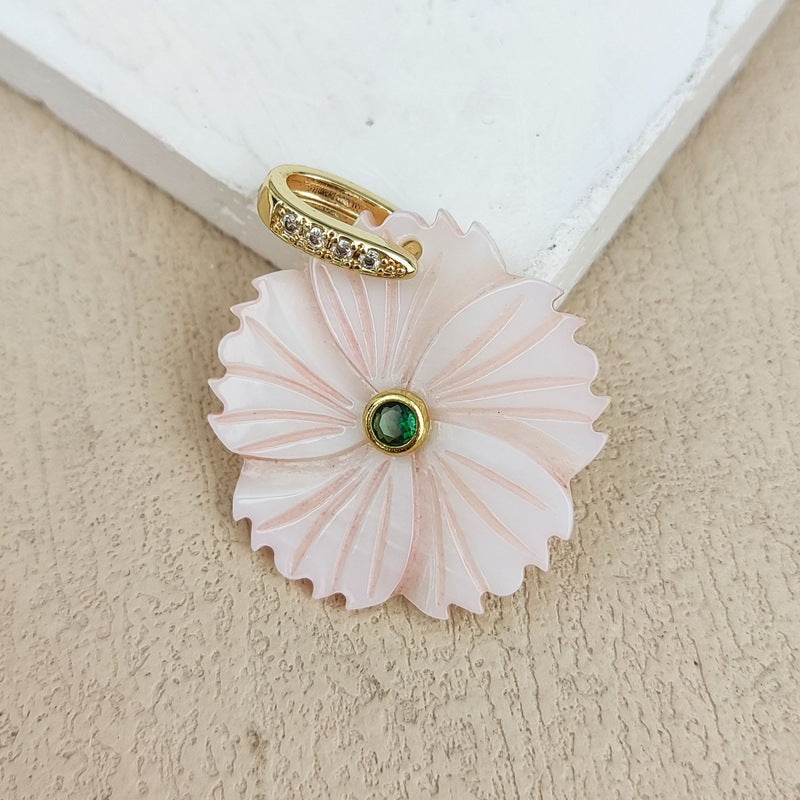 Carved Shell Pendant Featuring Natural Pink Flowers Inlay, Elegant Jewelry Making Design