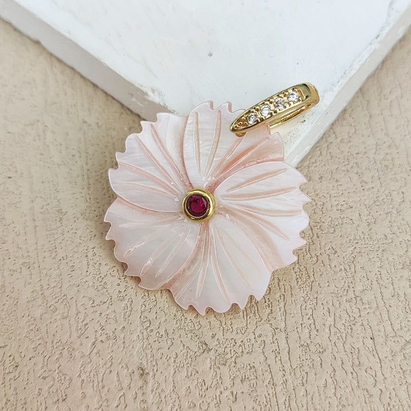 Carved Shell Pendant Featuring Natural Pink Flowers Inlay, Elegant Jewelry Making Design