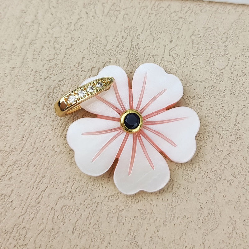 Carved Shell Pendant Featuring Natural Pink Flowers Inlay, Elegant Jewelry Making Design