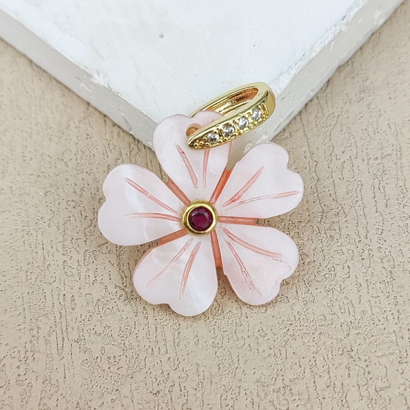 Carved Shell Pendant Featuring Natural Pink Flowers Inlay, Elegant Jewelry Making Design