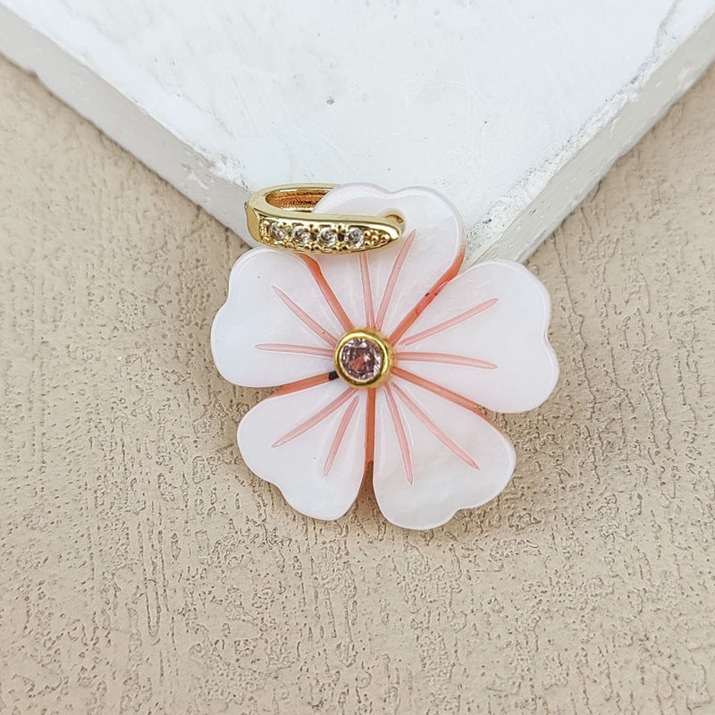 Carved Shell Pendant Featuring Natural Pink Flowers Inlay, Elegant Jewelry Making Design