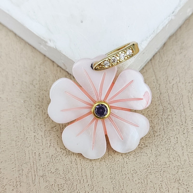 Carved Shell Pendant Featuring Natural Pink Flowers Inlay, Elegant Jewelry Making Design