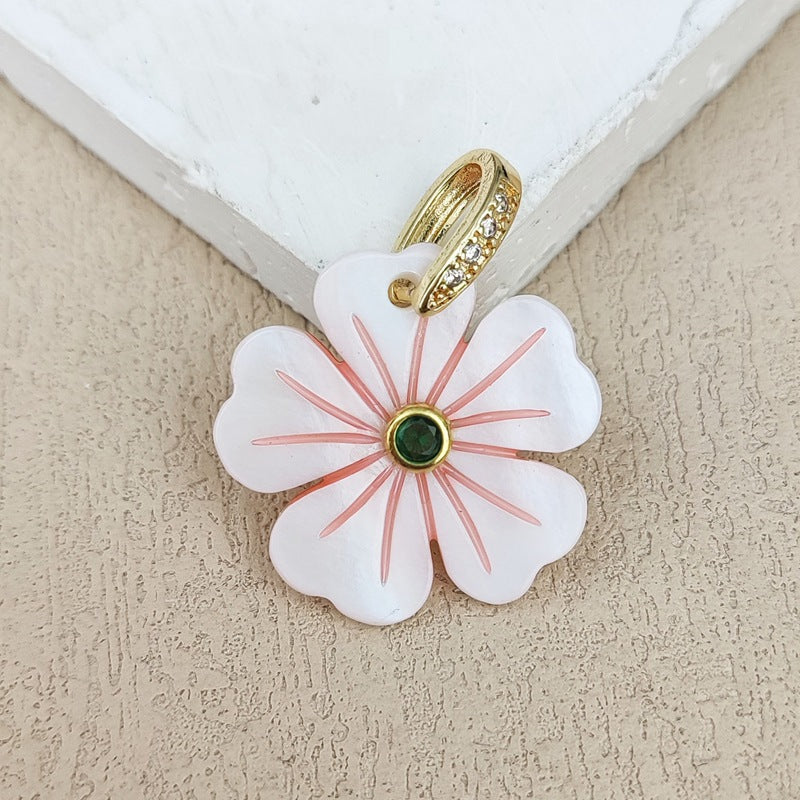 Carved Shell Pendant Featuring Natural Pink Flowers Inlay, Elegant Jewelry Making Design