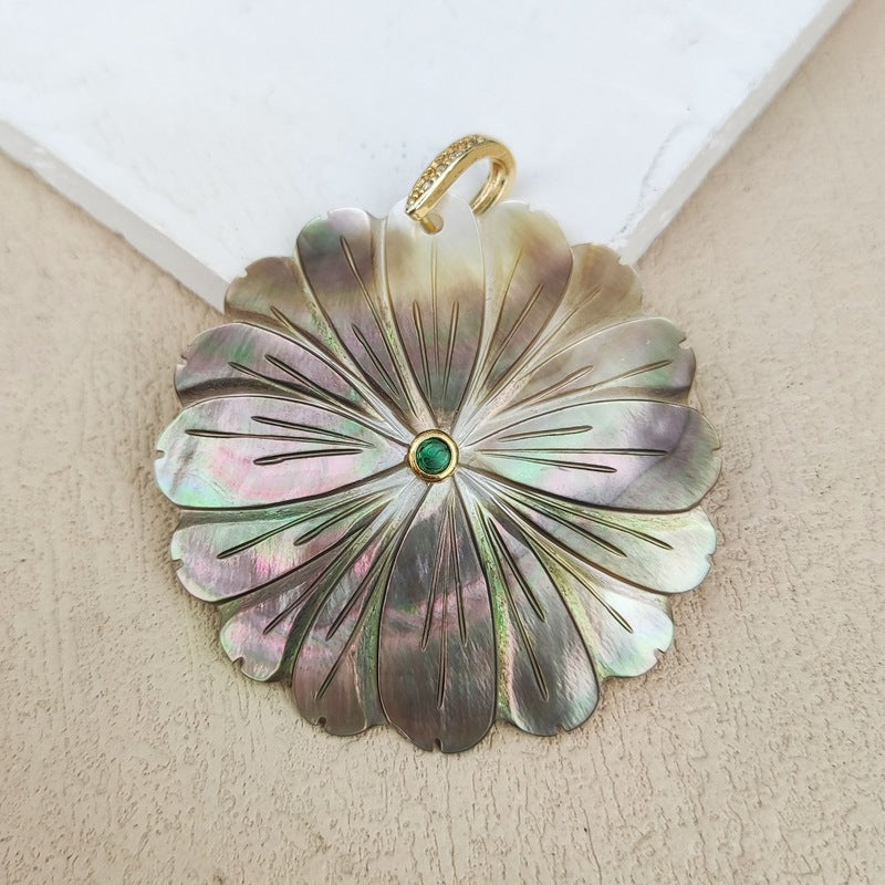 Carved Shell Pendant Featuring Natural Pink Flowers Inlay, Elegant Jewelry Making Design