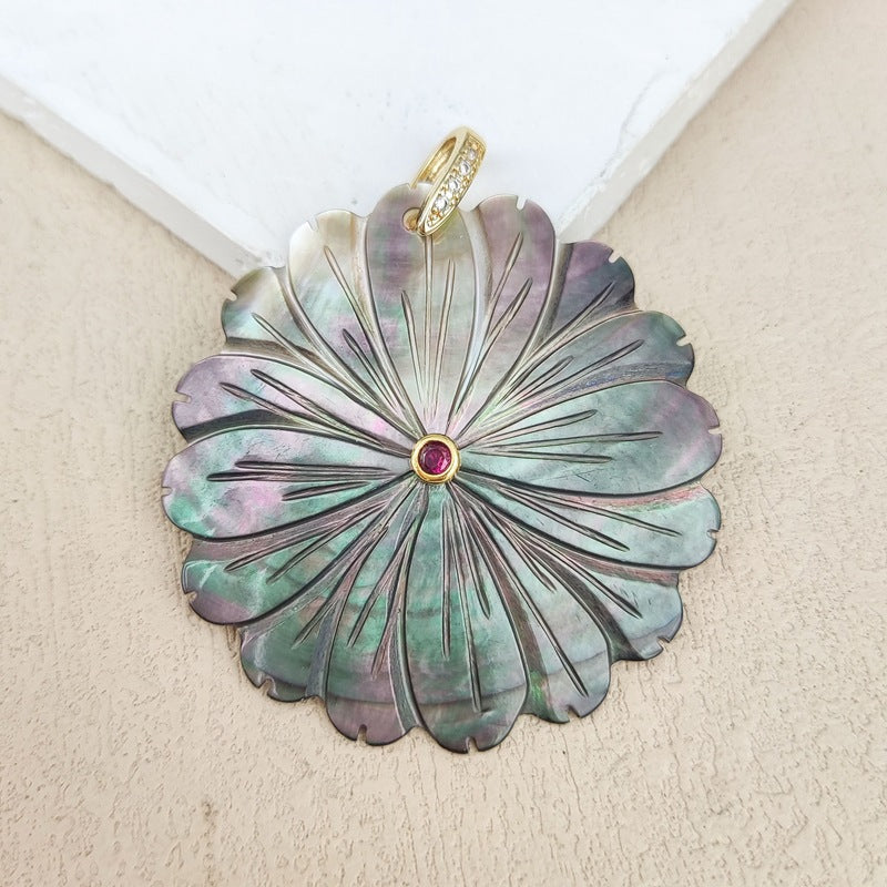 Carved Shell Pendant Featuring Natural Pink Flowers Inlay, Elegant Jewelry Making Design