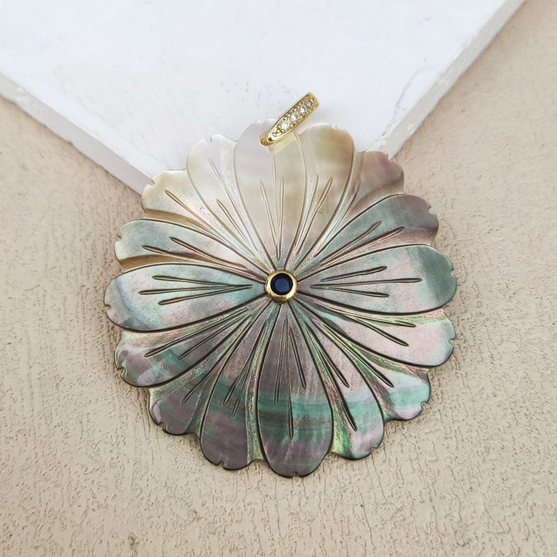 Carved Shell Pendant Featuring Natural Pink Flowers Inlay, Elegant Jewelry Making Design