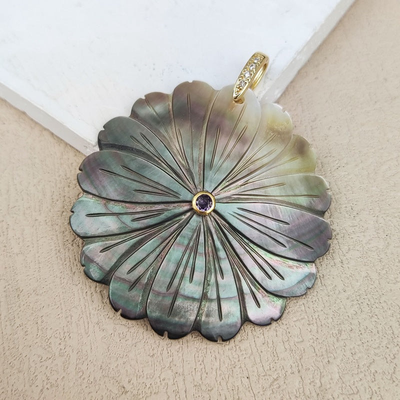 Carved Shell Pendant Featuring Natural Pink Flowers Inlay, Elegant Jewelry Making Design