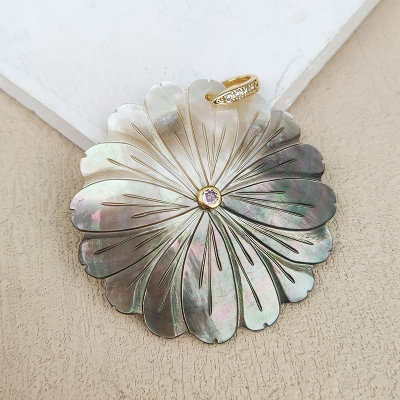 Carved Shell Pendant Featuring Natural Pink Flowers Inlay, Elegant Jewelry Making Design