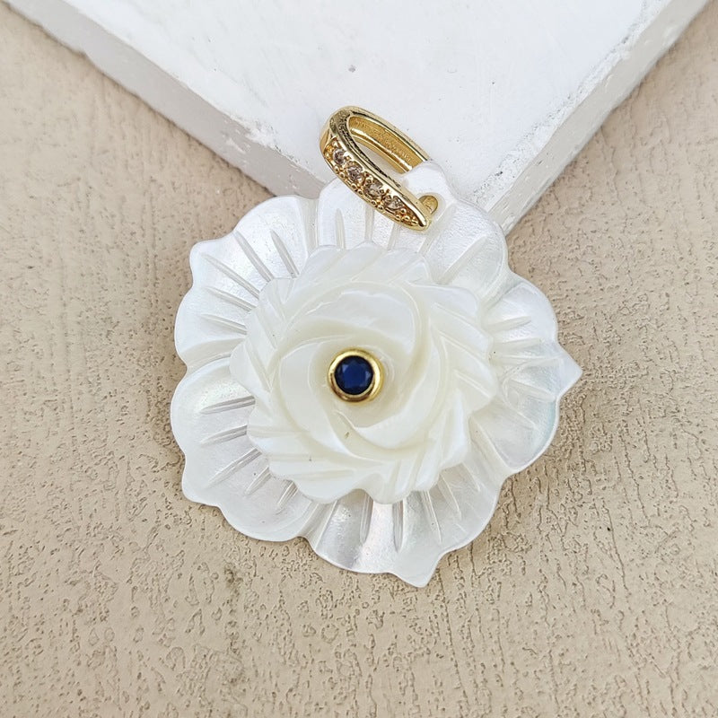 Carved Shell Pendant Featuring Natural Pink Flowers Inlay, Elegant Jewelry Making Design