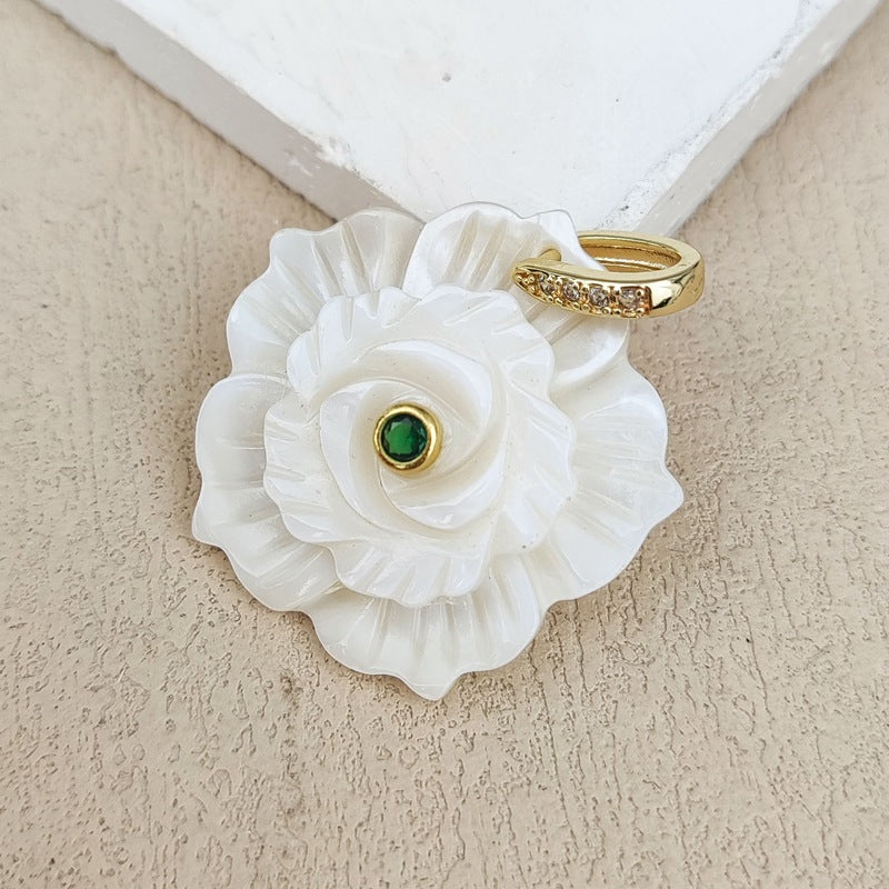 Carved Shell Pendant Featuring Natural Pink Flowers Inlay, Elegant Jewelry Making Design