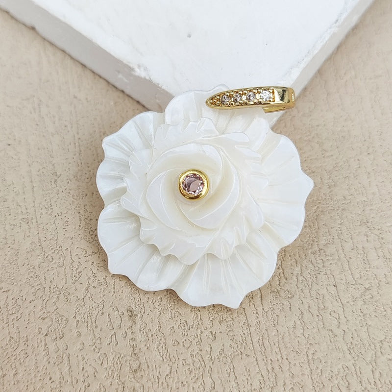 Carved Shell Pendant Featuring Natural Pink Flowers Inlay, Elegant Jewelry Making Design