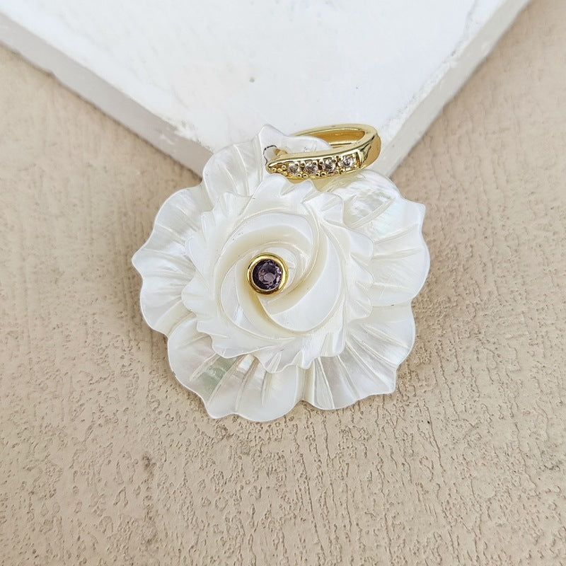 Carved Shell Pendant Featuring Natural Pink Flowers Inlay, Elegant Jewelry Making Design