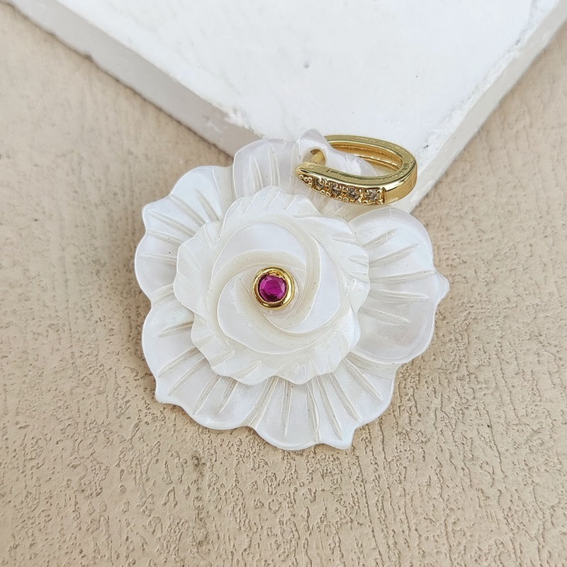 Carved Shell Pendant Featuring Natural Pink Flowers Inlay, Elegant Jewelry Making Design