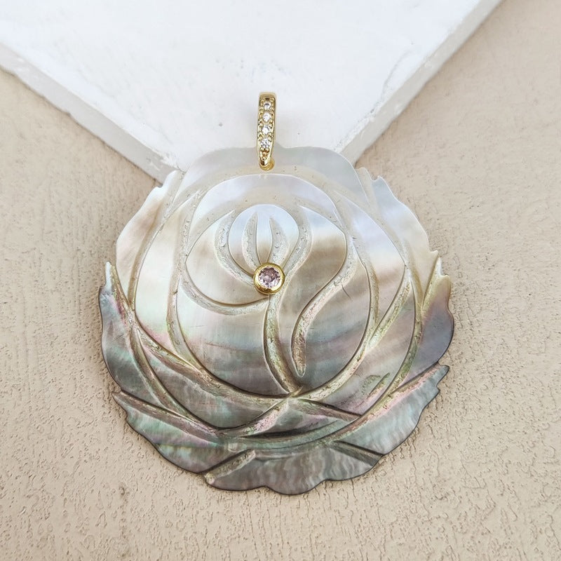 Carved Shell Pendant Featuring Natural Pink Flowers Inlay, Elegant Jewelry Making Design