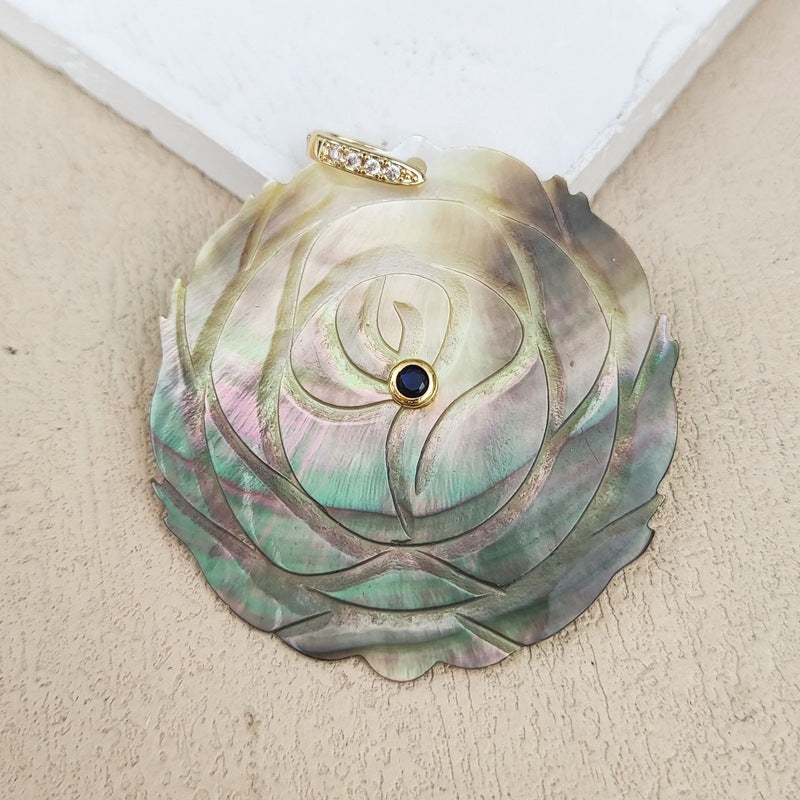 Carved Shell Pendant Featuring Natural Pink Flowers Inlay, Elegant Jewelry Making Design