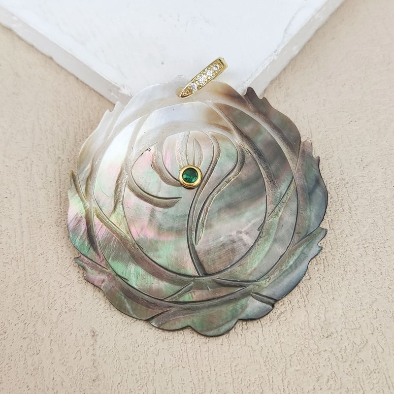 Carved Shell Pendant Featuring Natural Pink Flowers Inlay, Elegant Jewelry Making Design