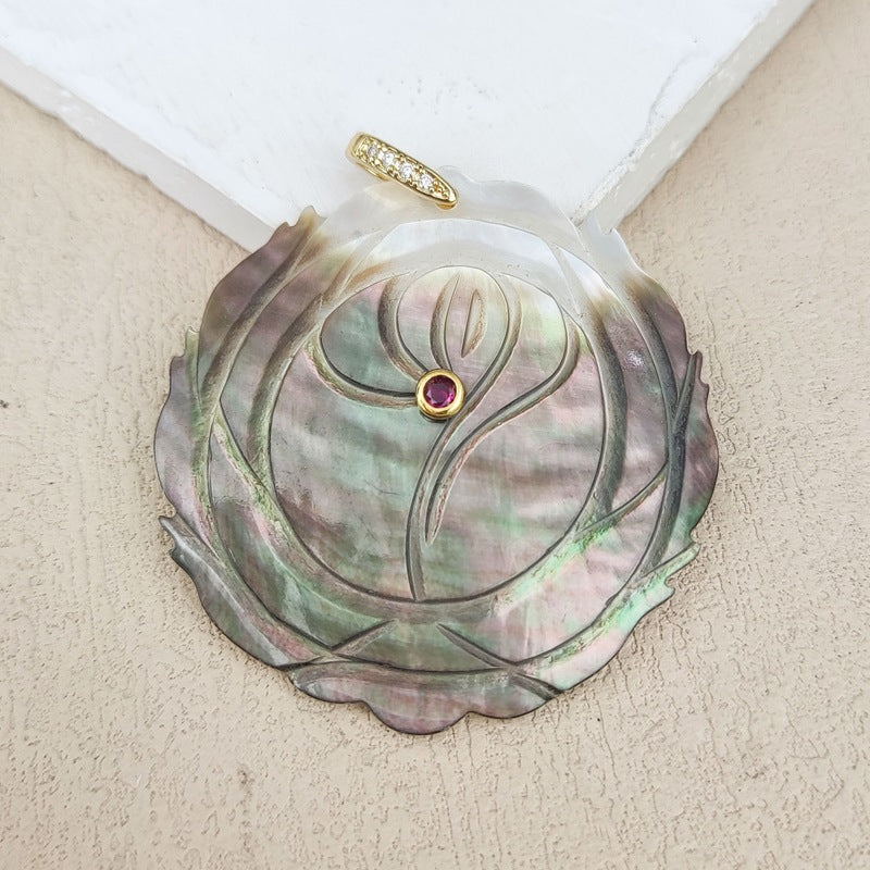 Carved Shell Pendant Featuring Natural Pink Flowers Inlay, Elegant Jewelry Making Design