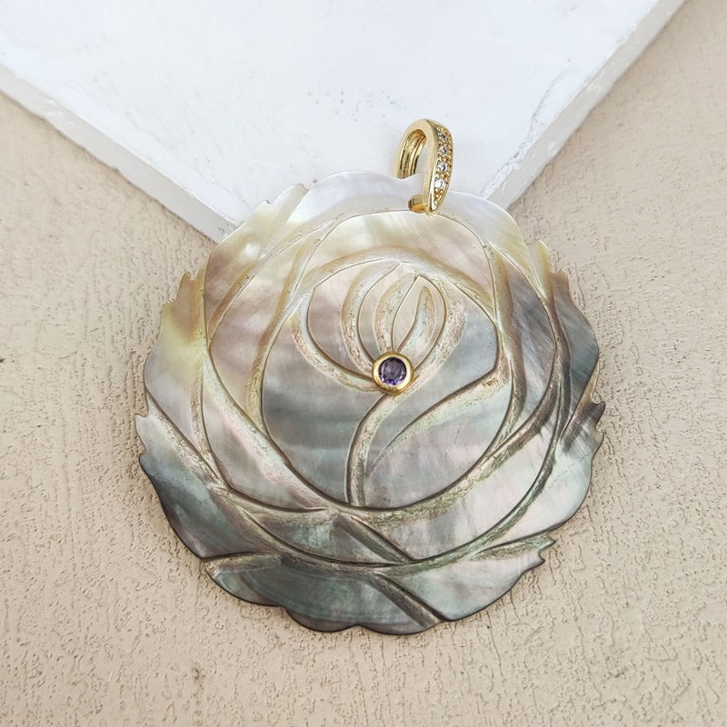 Carved Shell Pendant Featuring Natural Pink Flowers Inlay, Elegant Jewelry Making Design