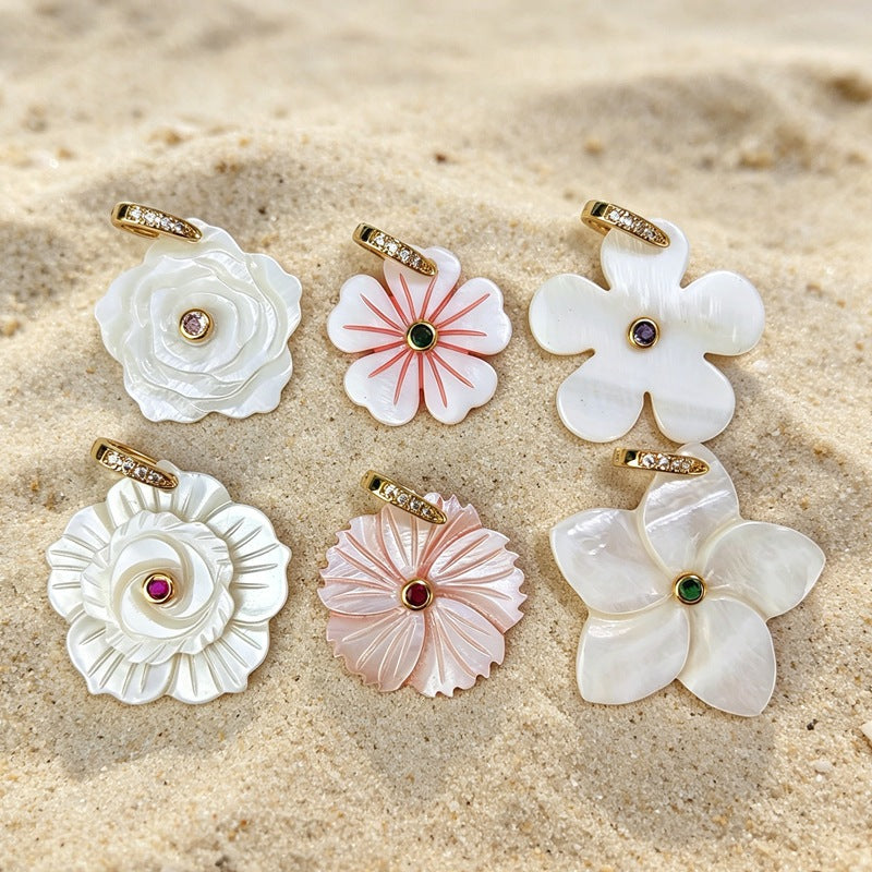 Carved Shell Pendant Featuring Natural Pink Flowers Inlay, Elegant Jewelry Making Design