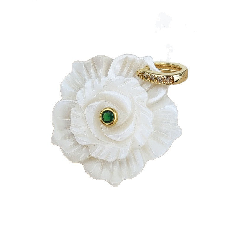 Carved Shell Pendant Featuring Natural Pink Flowers Inlay, Elegant Jewelry Making Design