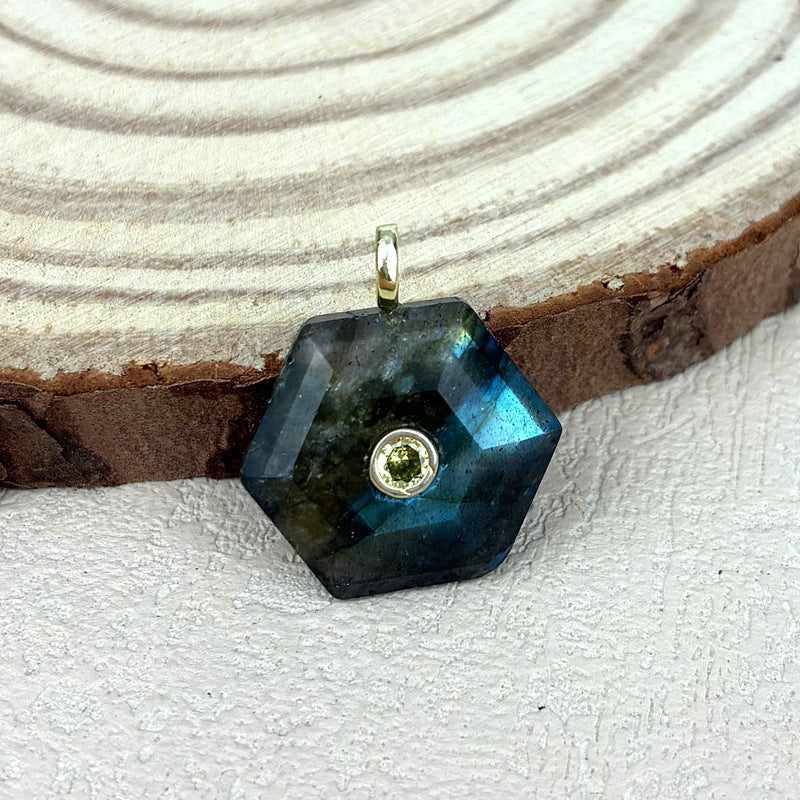 Hexagon Crystal Pendant With Electroplated Gold Plating Featuring Asymmetrical Design And Zircon Inlay