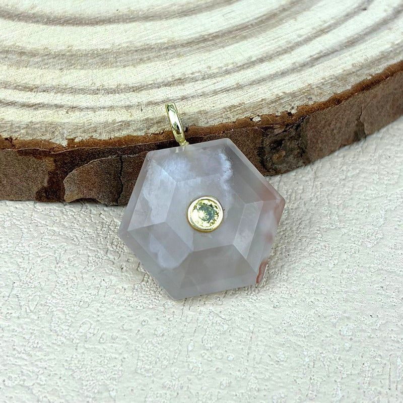 Hexagon Crystal Pendant With Electroplated Gold Plating Featuring Asymmetrical Design And Zircon Inlay