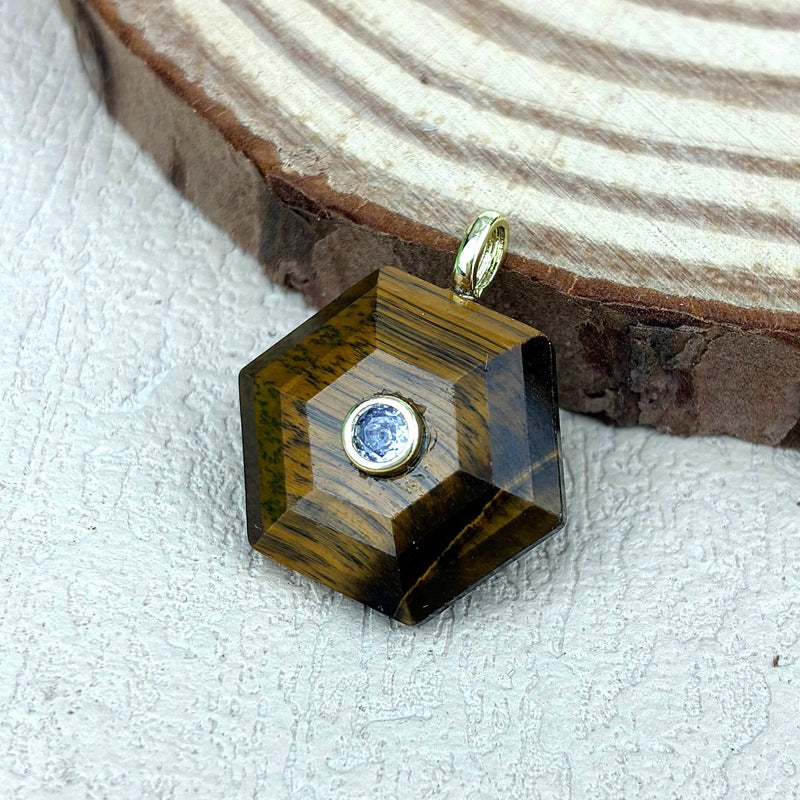Hexagon Crystal Pendant With Electroplated Gold Plating Featuring Asymmetrical Design And Zircon Inlay