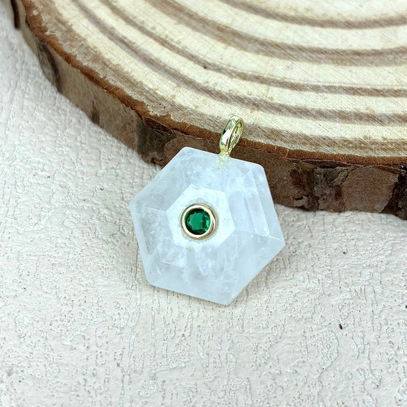 Hexagon Crystal Pendant With Electroplated Gold Plating Featuring Asymmetrical Design And Zircon Inlay