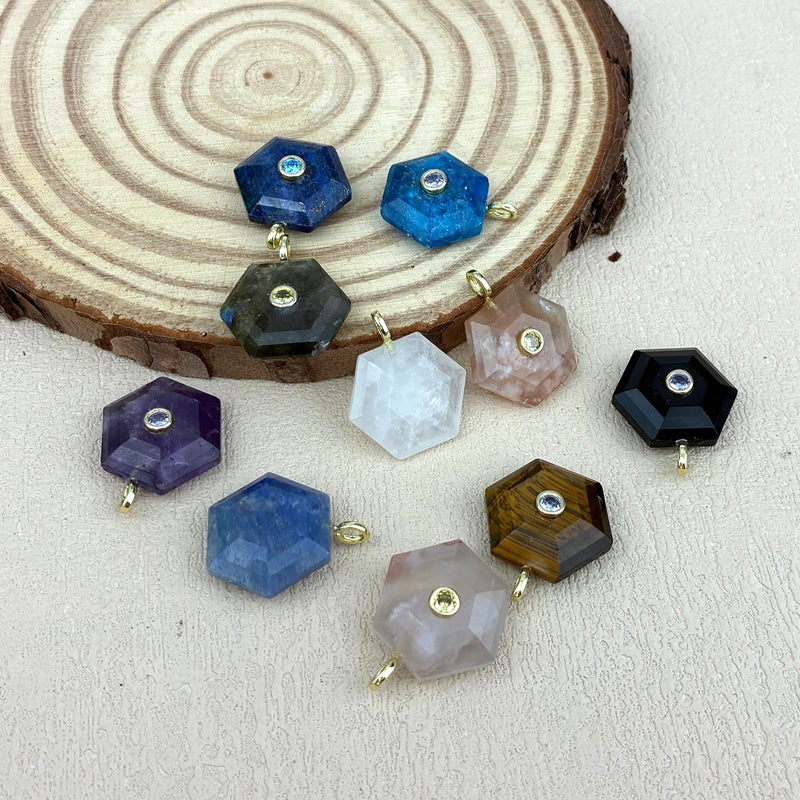 Hexagon Crystal Pendant With Electroplated Gold Plating Featuring Asymmetrical Design And Zircon Inlay