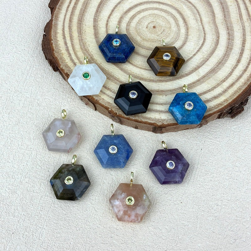 Hexagon Crystal Pendant With Electroplated Gold Plating Featuring Asymmetrical Design And Zircon Inlay
