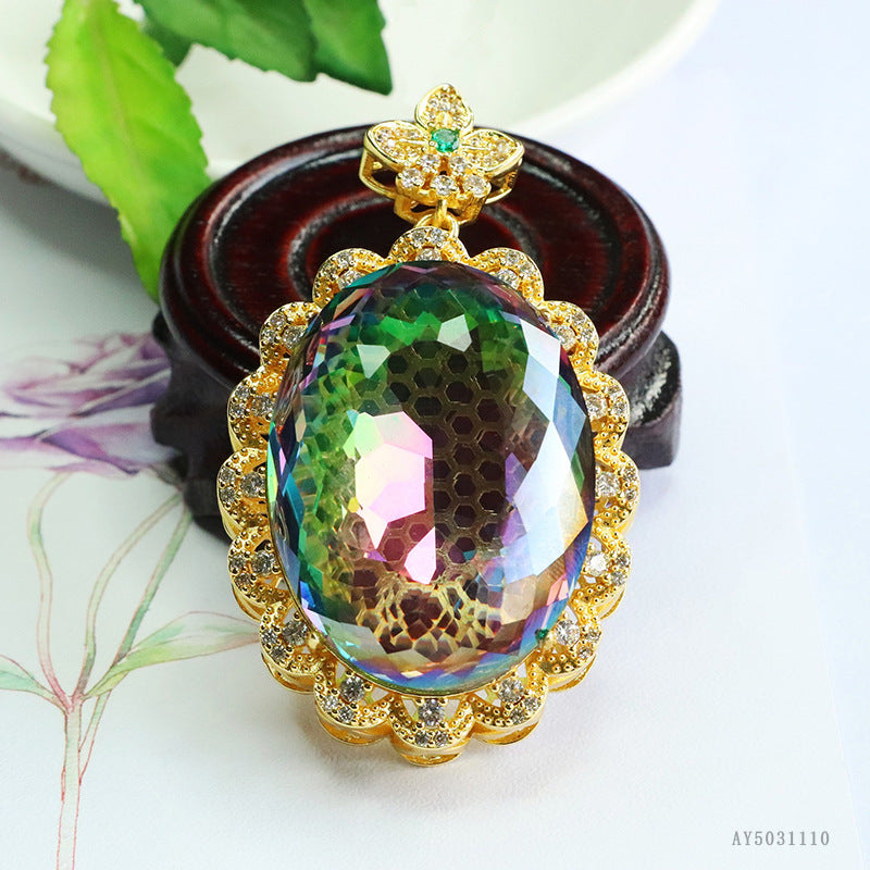 Geometric Glass Pendant With Glass Inlay In Purple, Perfect For Autumn Wear
