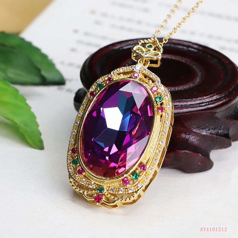Geometric Glass Pendant With Glass Inlay In Purple, Perfect For Autumn Wear