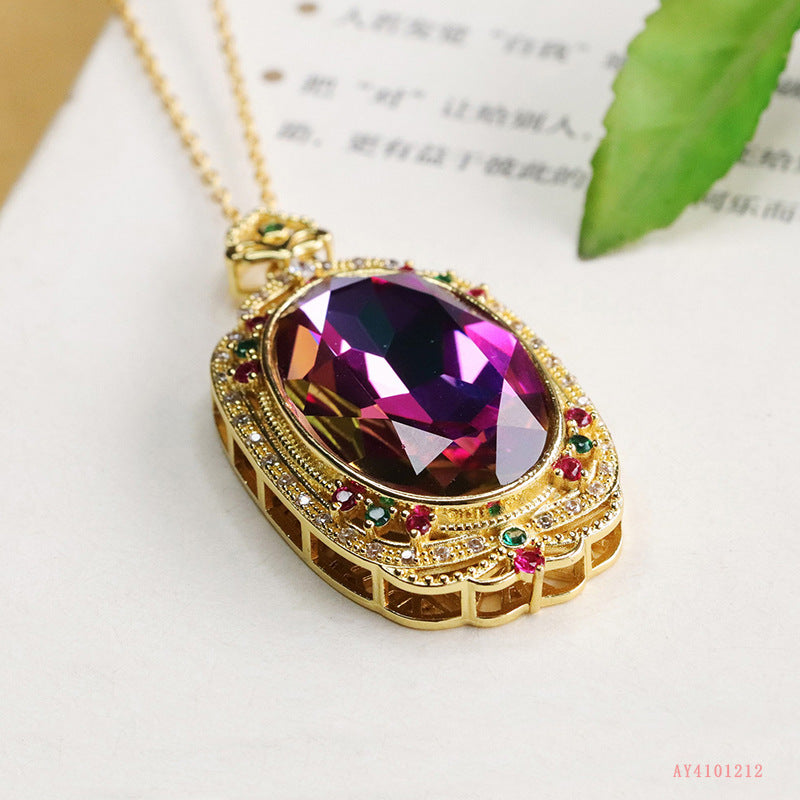 Geometric Glass Pendant With Glass Inlay In Purple, Perfect For Autumn Wear