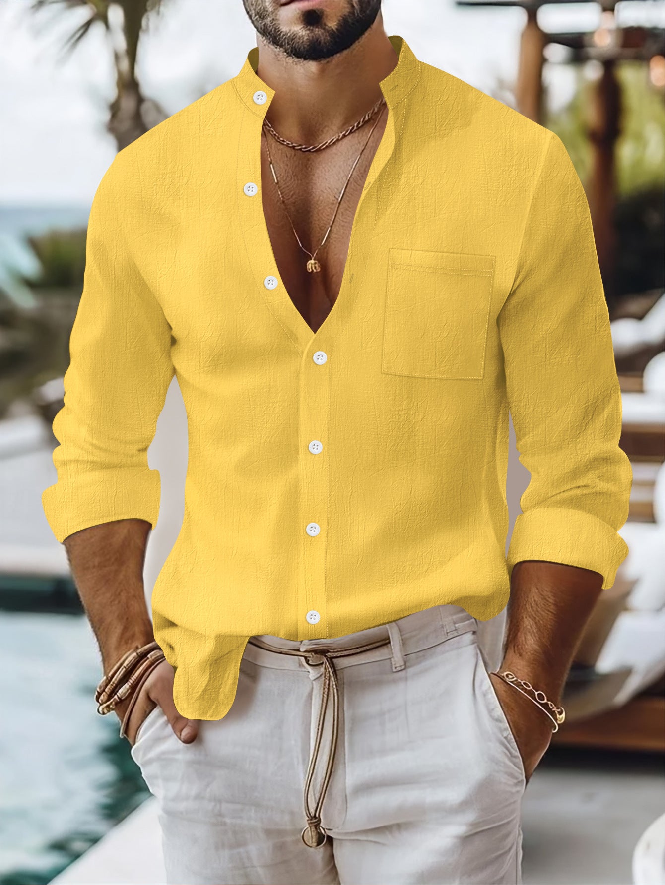 Solid Color Casual Long Sleeve Blouse In Cotton With Splicing Detail For Men