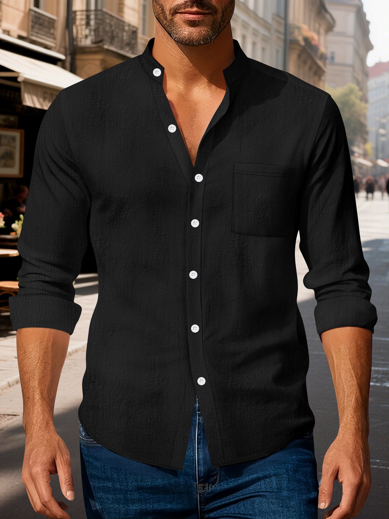 Solid Color Casual Long Sleeve Blouse In Cotton With Splicing Detail For Men