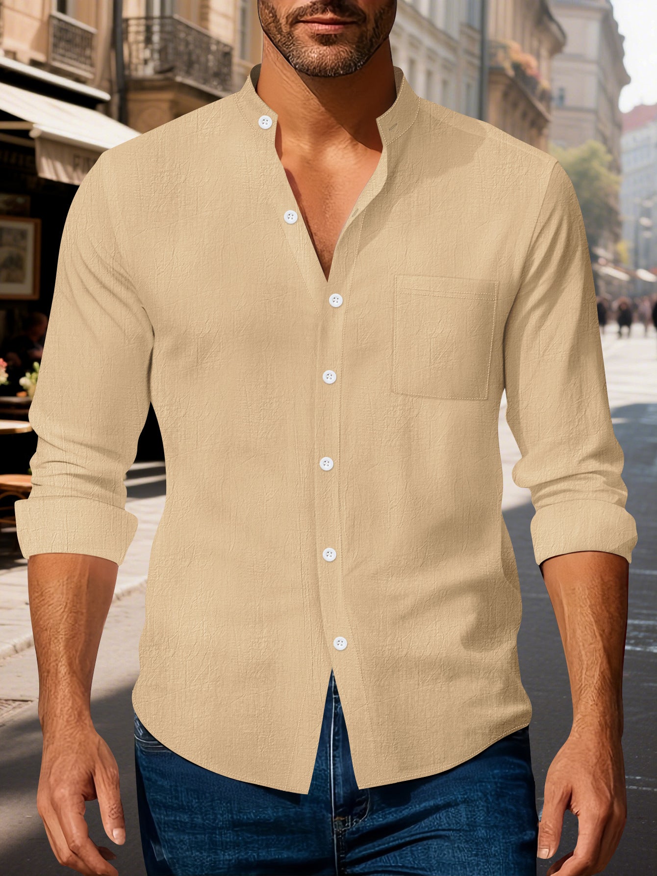 Solid Color Casual Long Sleeve Blouse In Cotton With Splicing Detail For Men