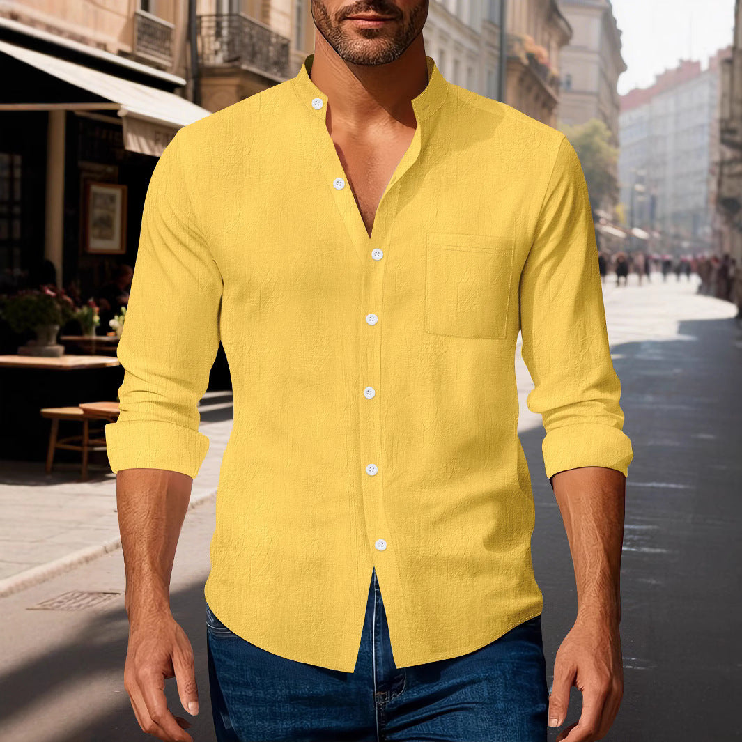 Solid Color Casual Long Sleeve Blouse In Cotton With Splicing Detail For Men