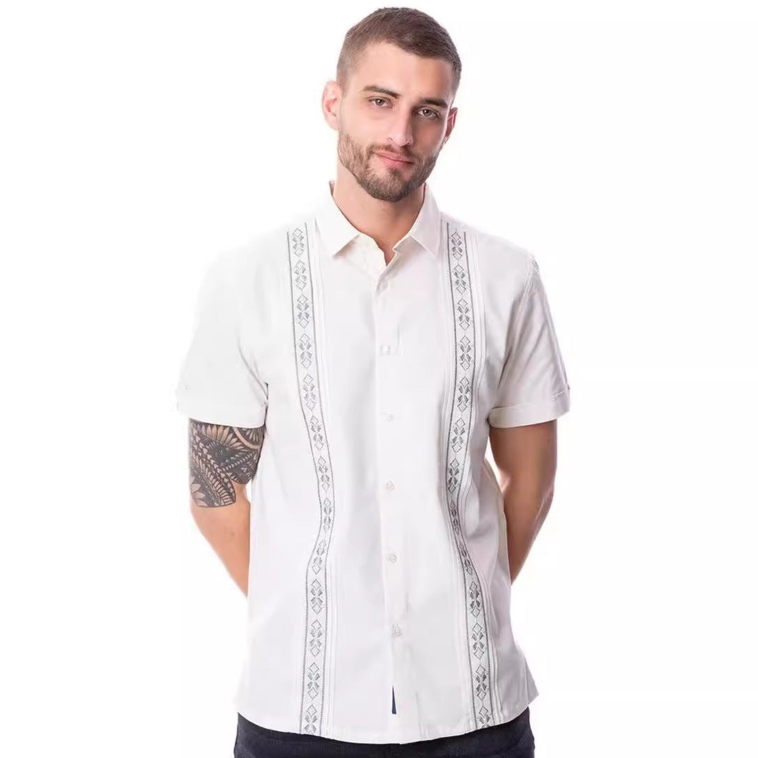 British Style Solid Color Long Sleeve Men's Shirt In Polyester With Embroidery And Placket