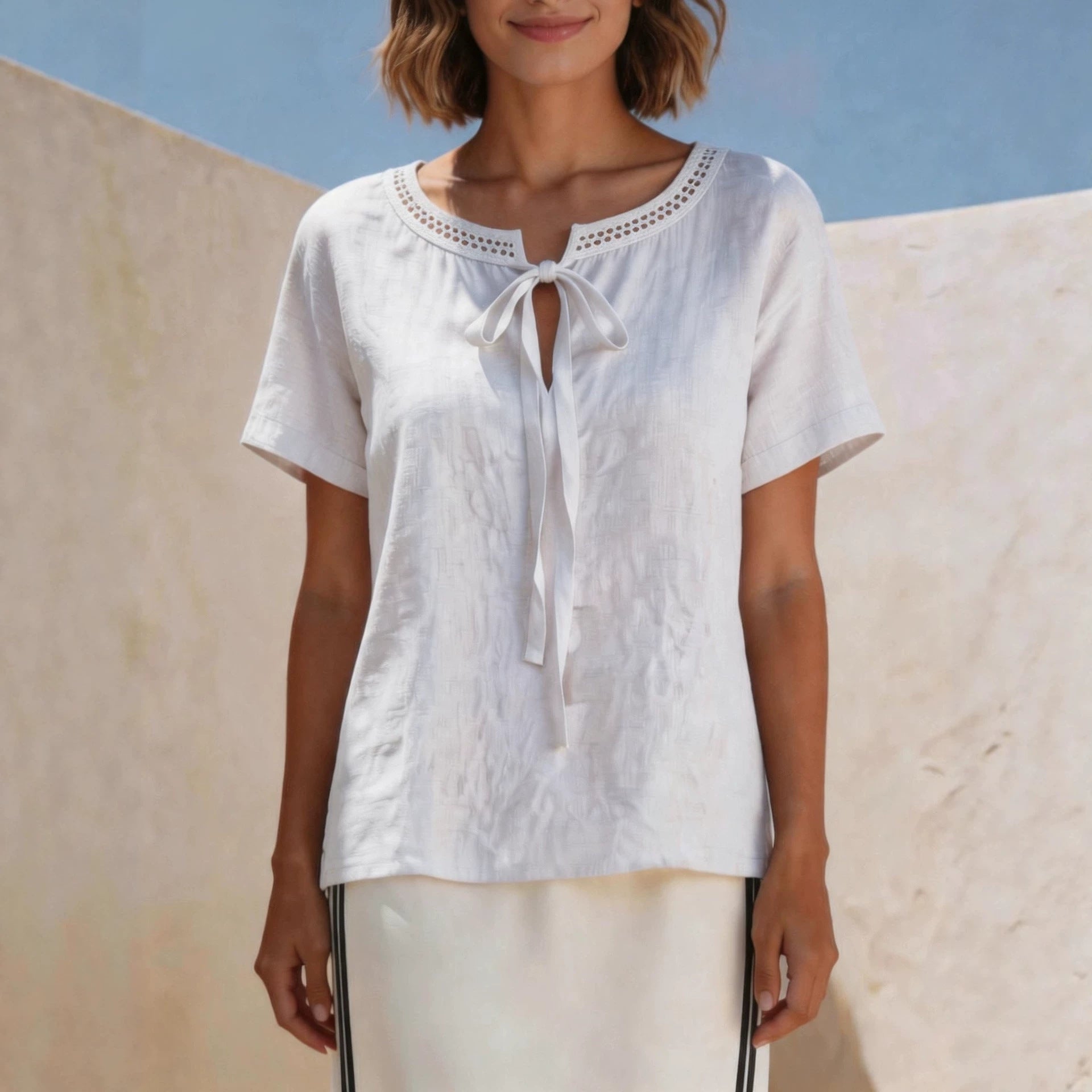 Elegant Bow Tie Short Sleeve T-shirt For Women Featuring Lace Craft And Tie Placket