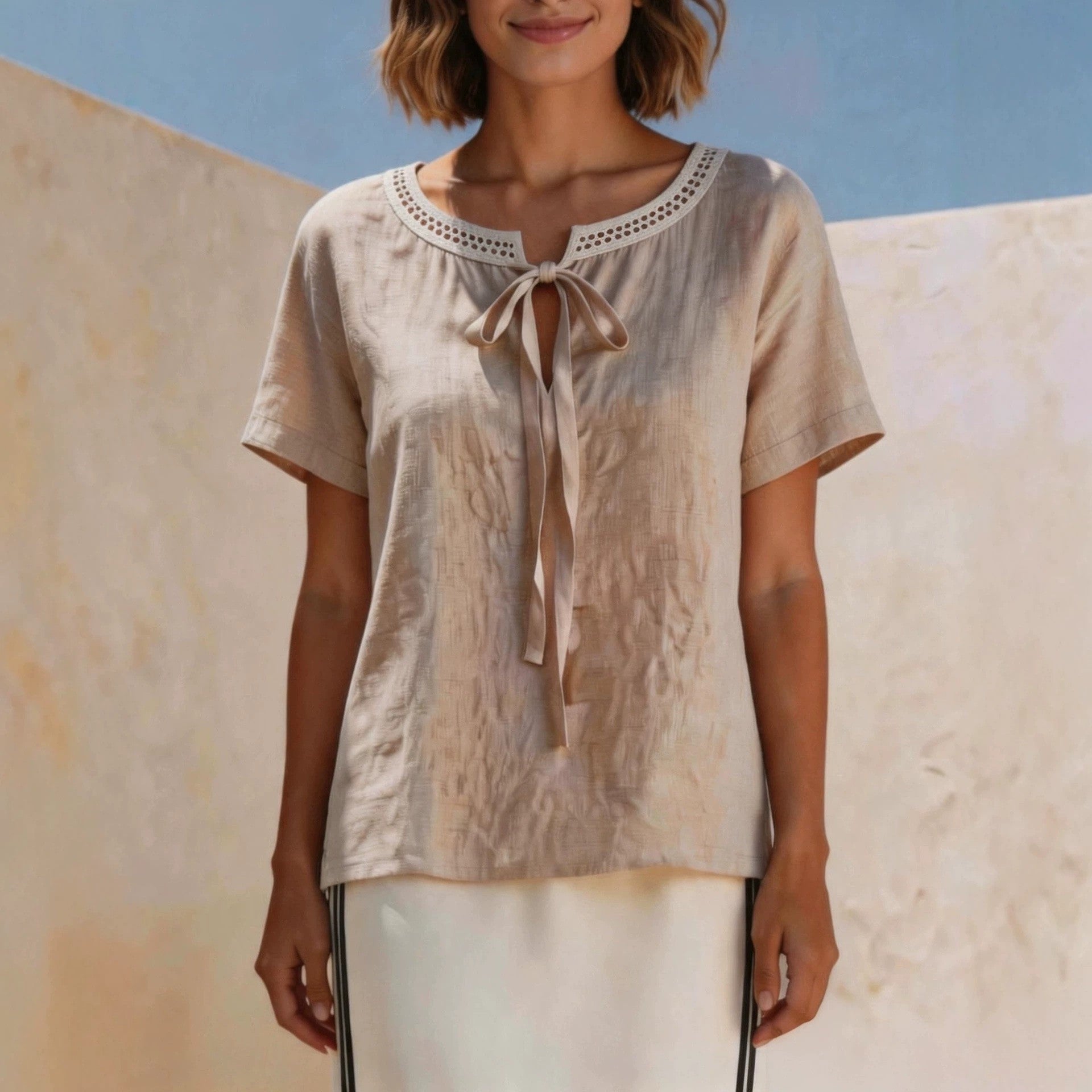 Elegant Bow Tie Short Sleeve T-shirt For Women Featuring Lace Craft And Tie Placket