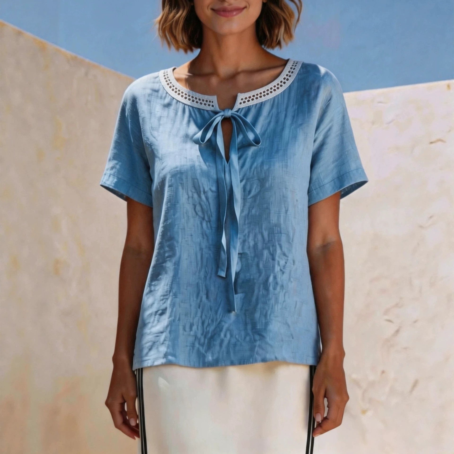 Elegant Bow Tie Short Sleeve T-shirt For Women Featuring Lace Craft And Tie Placket