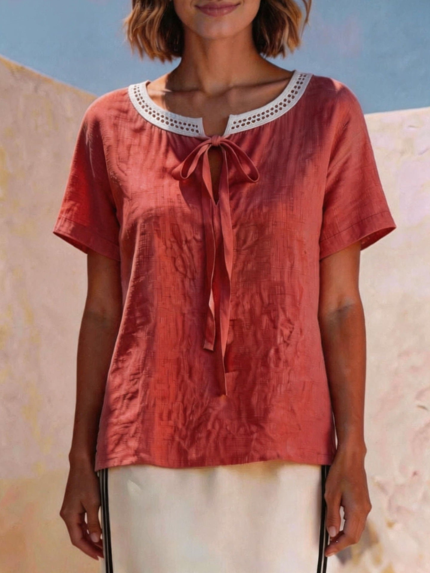 Elegant Bow Tie Short Sleeve T-shirt For Women Featuring Lace Craft And Tie Placket