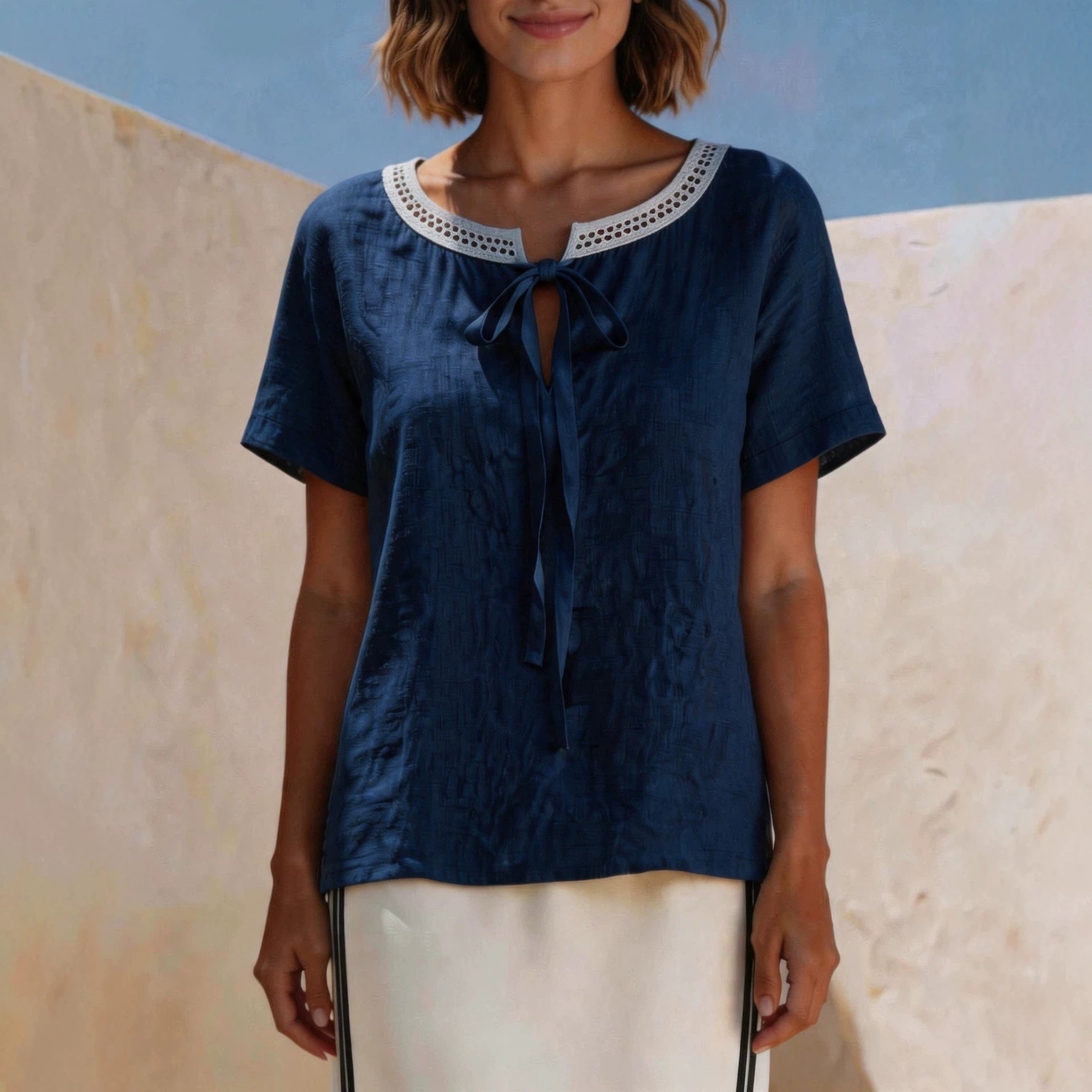 Elegant Bow Tie Short Sleeve T-shirt For Women Featuring Lace Craft And Tie Placket