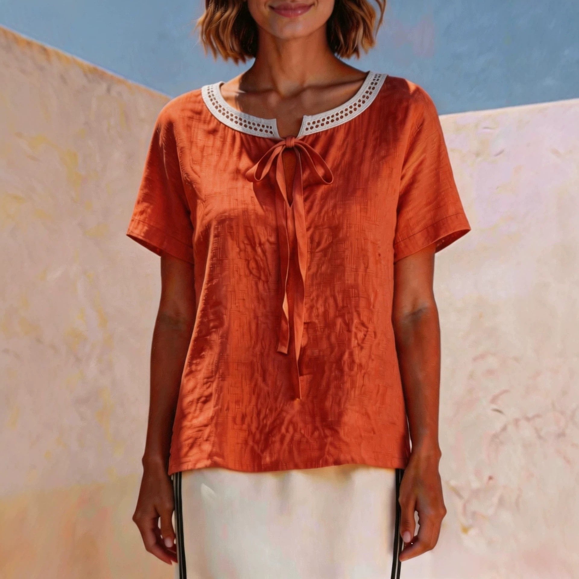 Elegant Bow Tie Short Sleeve T-shirt For Women Featuring Lace Craft And Tie Placket