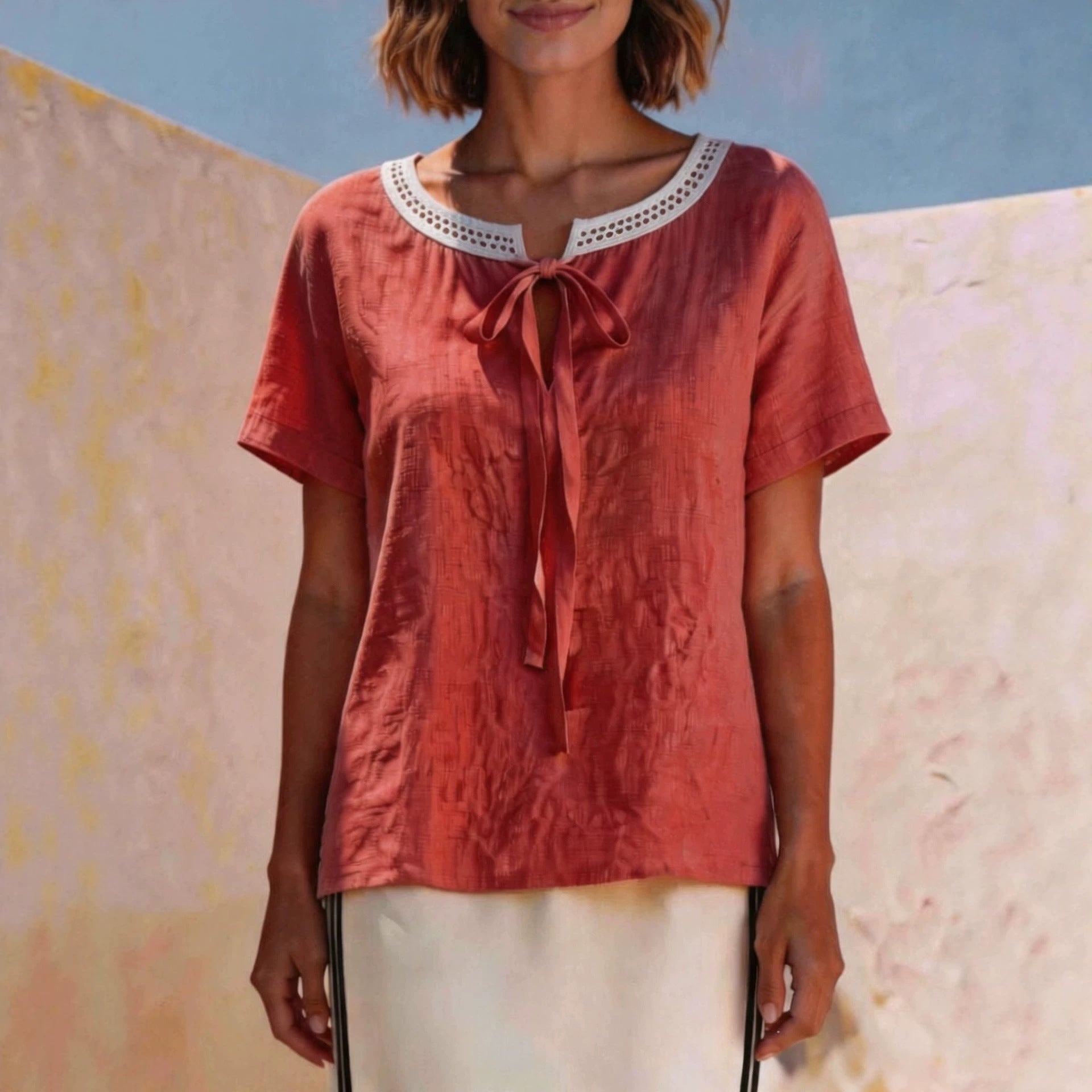 Elegant Bow Tie Short Sleeve T-shirt For Women Featuring Lace Craft And Tie Placket