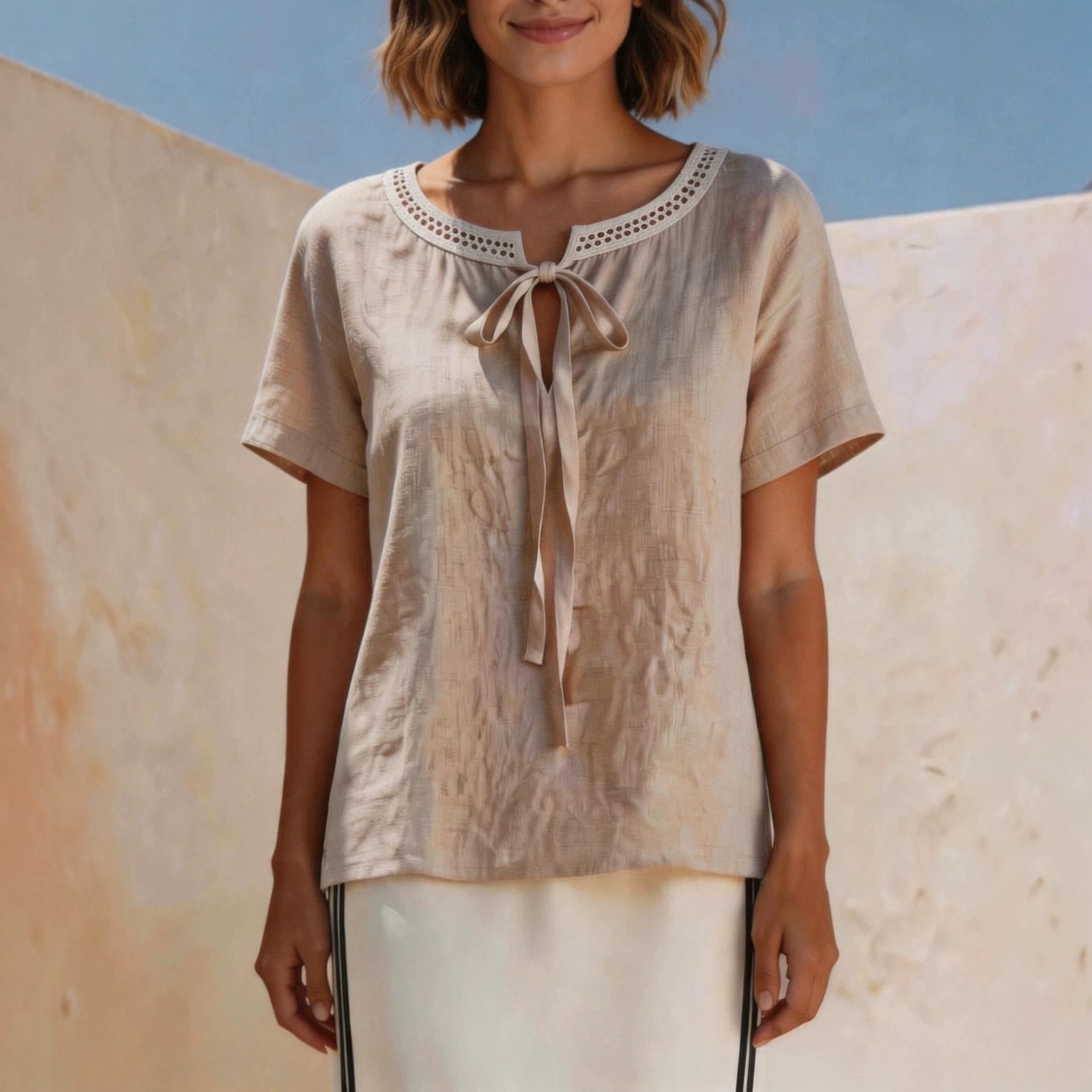 Elegant Bow Tie Short Sleeve T-shirt For Women Featuring Lace Craft And Tie Placket