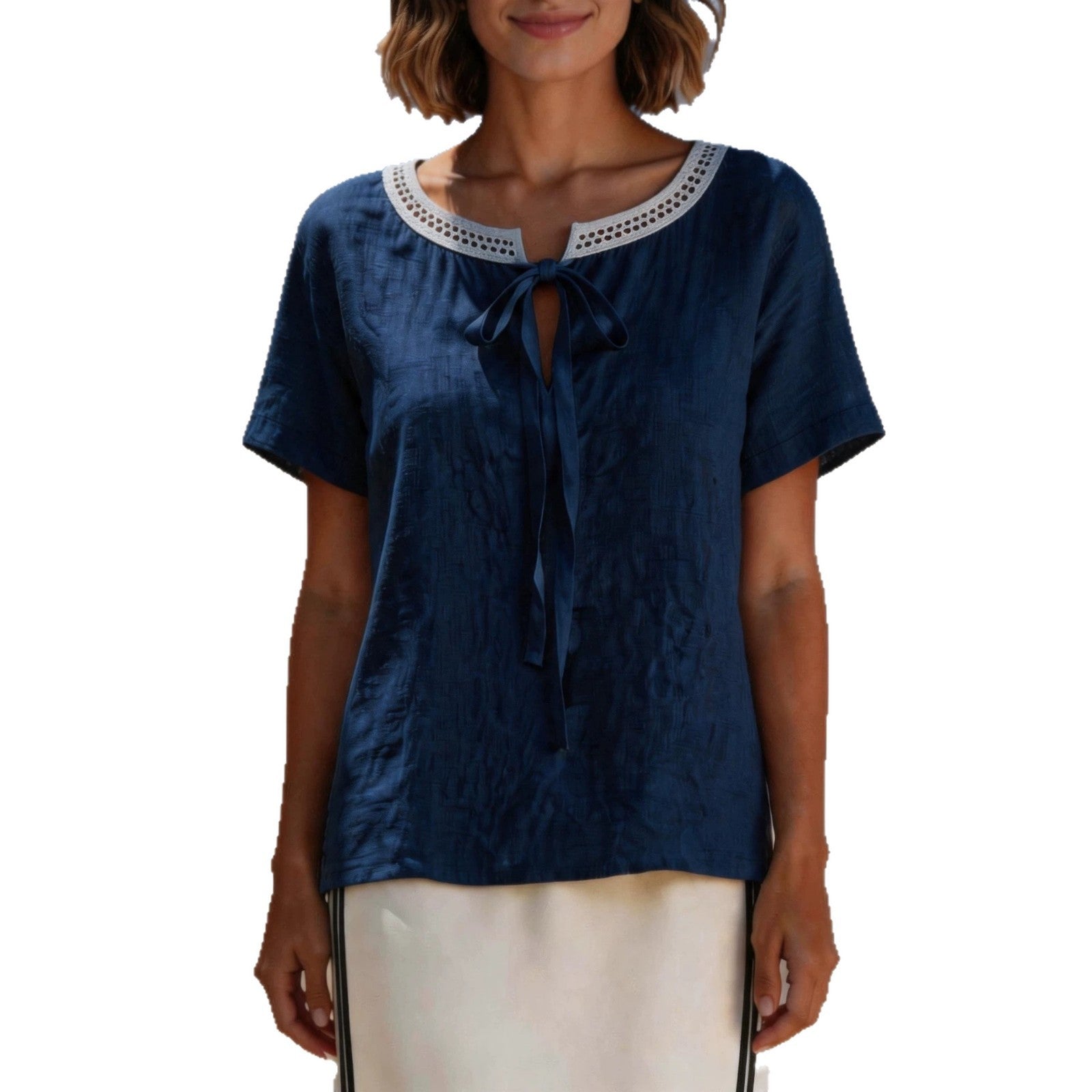 Elegant Bow Tie Short Sleeve T-shirt For Women Featuring Lace Craft And Tie Placket